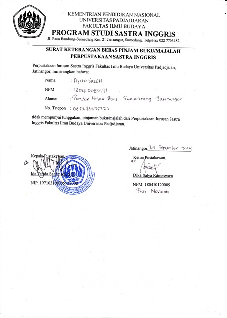 Surat Bebas Pinjam Jurusan Program Studi Sastra Inggris
