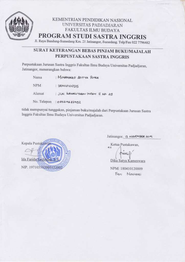 Surat Bebas Pinjam Program Studi Sastra Inggris Program Studi Sastra